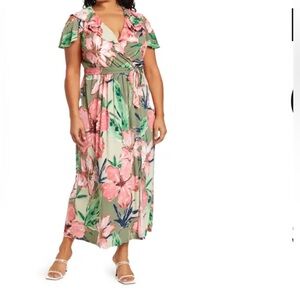 EUC London Times Ruffle Tie Waist Dress in green/coral